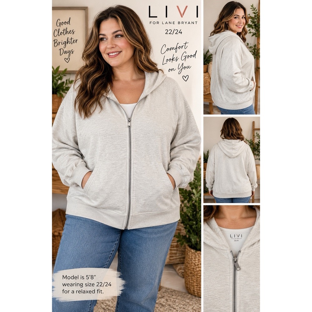 LIVI Lane Bryant Hoodie Womens 22/24 NWT Oatmeal Full Zip Plus Size Sweatshirt